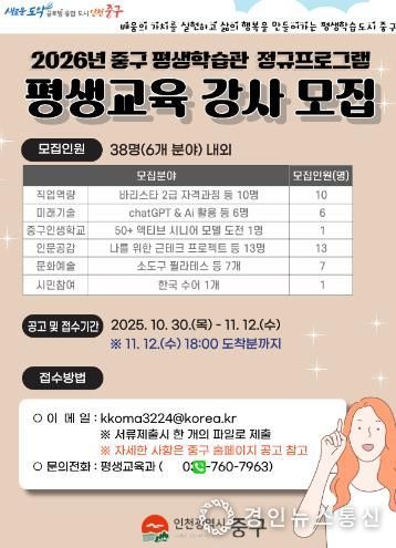 중구 평생학습관, 2026년 정규 프로그램 강사 공개 모집